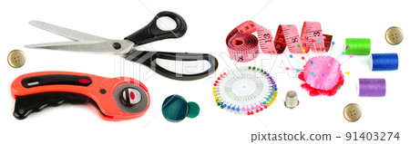 Scissors and other sewing accessories isolated on white . Collage. Wide photo. 91403274