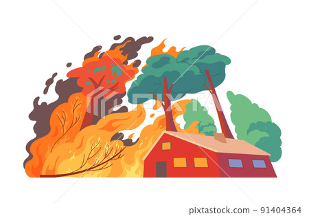 Forest fire, burning house Natural disaster. Forest fire, burning house Natural disaster. 91404364