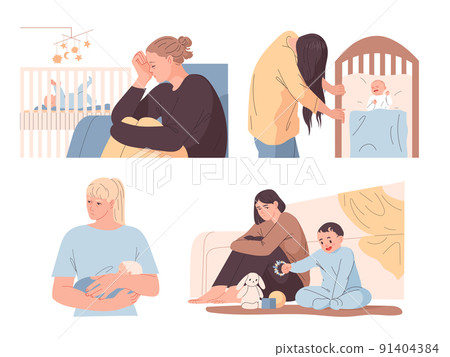 Mother in postpartum depression with a newborn baby. Set Mother in postpartum depression with a newborn baby. Set 91404384