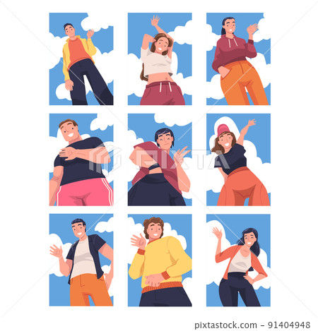 People Character Standing Looking from Above Friendly Smiling and Waving Hand Vector Illustration Set 91404948