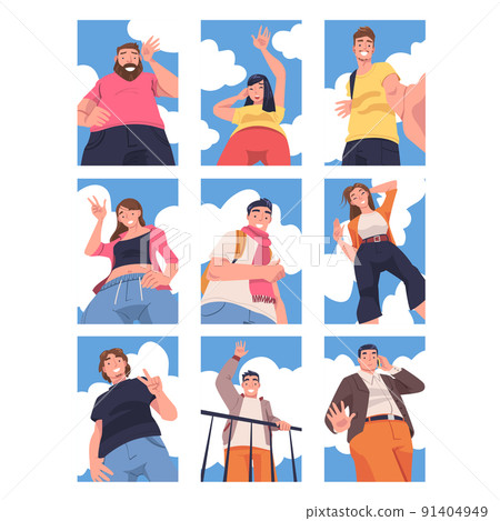 People Character Standing Looking from Above Friendly Smiling and Waving Hand Vector Illustration Set People Character Standing Looking from Above Friendly Smiling and Waving Hand Vector Illustration Set 91404949