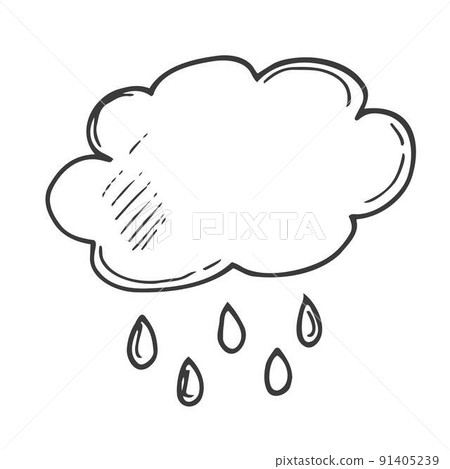 Cloud with drops, cloud, rain. Black and white illustration in the doodle style. 91405239