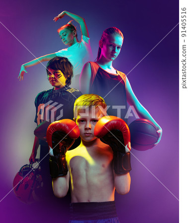 Poster with little sportsmen, motivated kids, basketball and football players, boxer over purple smoky background. Sport, team, competition, ad concept Poster with little sportsmen, motivated kids, basketball and football players, boxer over purple smoky background. Sport, team, competition, ad concept 91405516