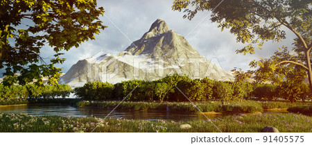 A beautiful lake in the forest on the background of a mountain. 3D rendering illustration. 91405575
