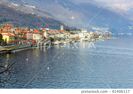 mountain lake maggiore in winter afternoon. Cannobio. Piamonte. Italy mountain lake maggiore in winter afternoon. Cannobio. Piamonte. Italy 91406117