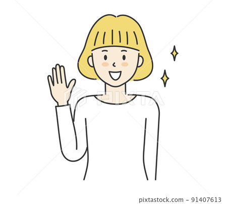 Young woman raising her hand to say hello 91407613