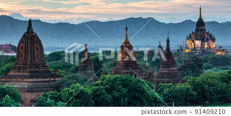 Ancient temple archeology in Bagan after sunset, Myanmar temples in the Bagan Archaeological Zone Pagodas and temples of Bagan world heritage site, Myanmar, Burmar. Ancient temple archeology in Bagan after sunset, Myanmar temples in the Bagan Archaeological Zone Pagodas and temples of Bagan world heritage site, Myanmar, Burmar. 91409210