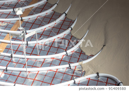 Floor plumber heating system, underfloor plumber heating concept, a building concept 91409380