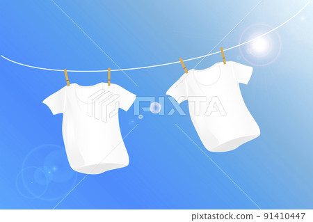 Laundry image. Dry the white shirt under the clear blue sky. 91410447