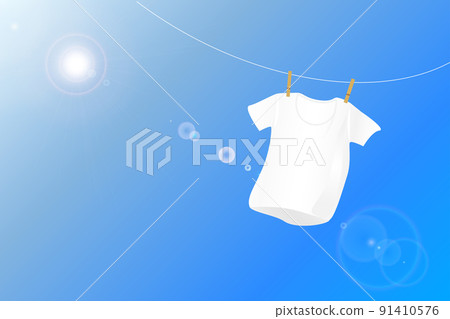 Laundry image. Dry the white shirt under the clear blue sky. 91410576