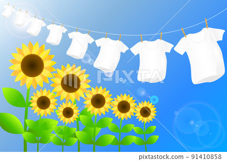Summer image. Laundry, sunflowers and blue sky. 91410858