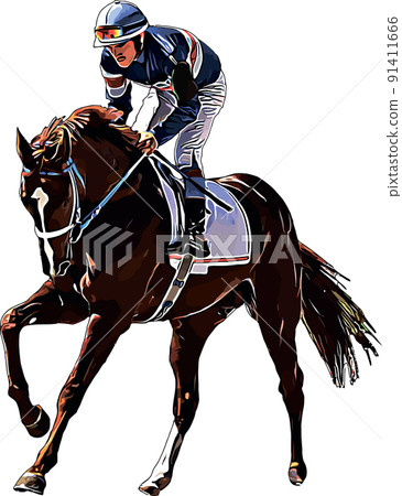 Racehorse with jockey at races. Isolated on a white background Racehorse with jockey at races. Isolated on a white background 91411666