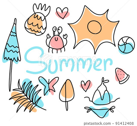 Set of cute summer elements. Sun, palm tree, beach umbrella, calligraphy. For summertime poster, card, scrapbooking. Set of cute summer elements. Sun, palm tree, beach umbrella, calligraphy. For summertime poster, card, scrapbooking. 91412408