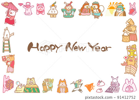 兔子和生肖框架新年賀卡材料新年快樂 91412752