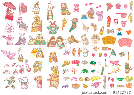 新年生肖人物插畫兔子和生肖新年賀卡材料 新年生肖人物插畫兔子和生肖新年賀卡材料 91412757