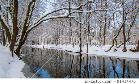 Graphic winter landscape. The bend of the river. Snow-covered shores. Calmness. A clear winter day 91414476