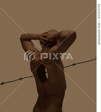 Contemporary art collage. Conceptual image with young man and hole into body with sharp wire coming through. Hard, painful feelings Contemporary art collage. Conceptual image with young man and hole into body with sharp wire coming through. Hard, painful feelings 91414742