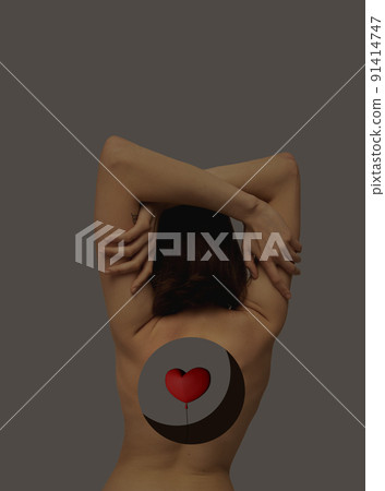 Contemporary art collage. Conceptual image with tender woman having hole inside body and little heart image. Loving feeling 91414747