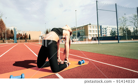 Pregnancy yoga exercise. Pregnant woman training yoga sport exercise. Prenatal healthy fitness active fit gym outside. Pregnancy health. Pregnancy yoga exercise. Pregnant woman training yoga sport exercise. Prenatal healthy fitness active fit gym outside. Pregnancy health. 91414810