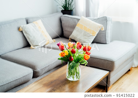 Vase of fresh tulips on the coffee table with blurred background of modern cozy light living room with gray couch sofa, graphic cushions and green plants. Open space home interior design. Copy space Vase of fresh tulips on the coffee table with blurred background of modern cozy light living room with gray couch sofa, graphic cushions and green plants. Open space home interior design. Copy space 91415022