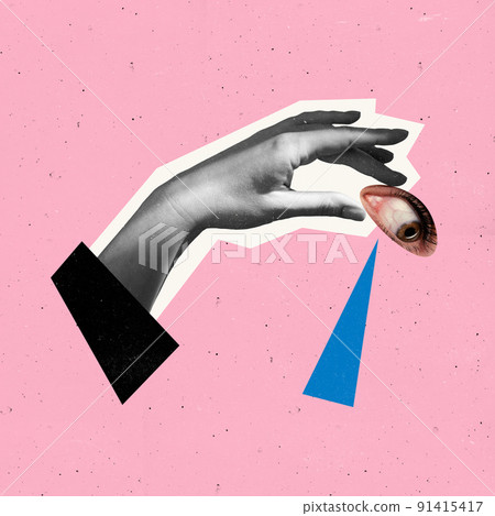 Contemporary art collage. Conceptual image with female eye and tear falling down isolated over pink background Contemporary art collage. Conceptual image with female eye and tear falling down isolated over pink background 91415417