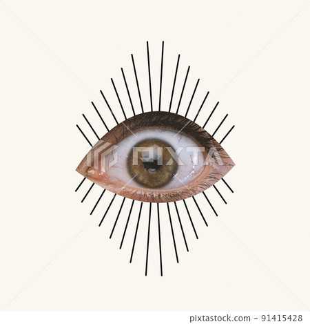 Contemporary art collage. Big widely opened female eye looking, isolated over white background Contemporary art collage. Big widely opened female eye looking, isolated over white background 91415428