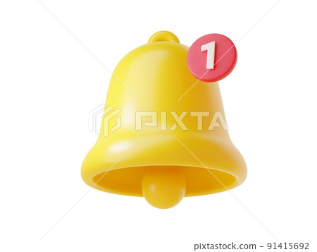 Notification bell icon 3d render - cute cartoon illustration of simple yellow bell with number one. 91415692