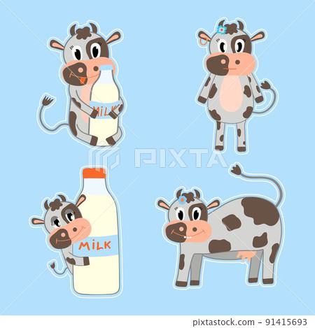A set of stickers with a cute cow. Cartoon flat vector illustration. Milk day. Design or sticker 91415693