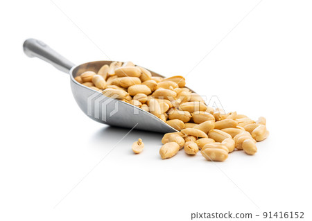 Roasted peeled peanuts in scoop isolated on white background. 91416152