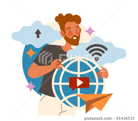 Bearded Man Character with Browser Sign Working with Information Analyzing and Browsing Data Vector Illustration 91416515