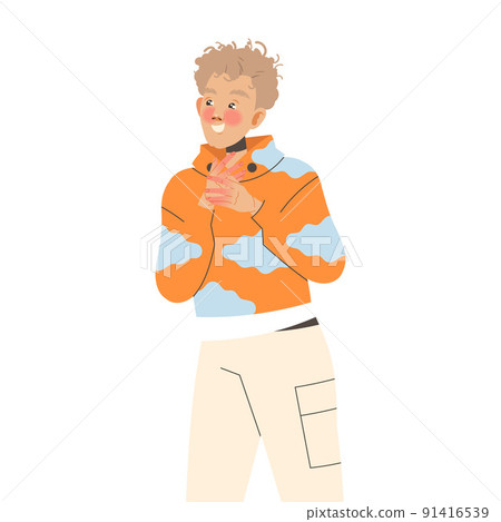 Positive Man Character in Orange Hoody Standing with Smiling Face Feeling Euphoric and in High Spirits Vector Illustration Positive Man Character in Orange Hoody Standing with Smiling Face Feeling Euphoric and in High Spirits Vector Illustration 91416539