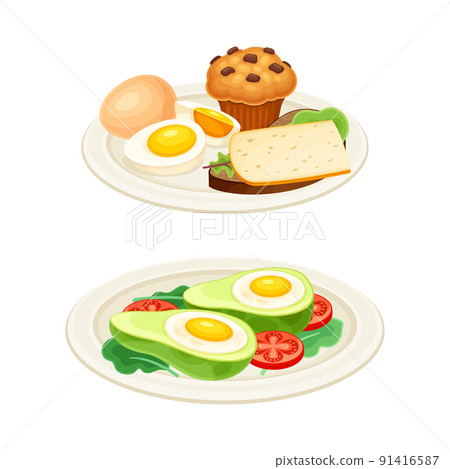Tasty Dish with Eggs Served on Plate as Savory Breakfast Meal Vector Set Tasty Dish with Eggs Served on Plate as Savory Breakfast Meal Vector Set 91416587