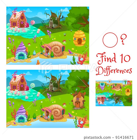 Find differences between fairytale houses kids game worksheet. Children quiz, logical game with matching task. Child find differences riddle, playing activities book vector with fantasy homes Find differences between fairytale houses kids game worksheet. Children quiz, logical game with matching task. Child find differences riddle, playing activities book vector with fantasy homes 91416671