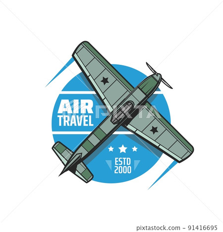 Air travel icon, vector emblem with propeller airplane with stars on wings top view. Aircraft label with plane jet, traveling flight booking service, airline adventure, touristic voyage promotion 91416695