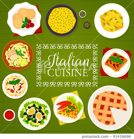 Italian cuisine menu cover. Potato Gnocchi, polenta and pie Crostata, Chorizo pasta, cookies Amaretti and pasta salad with tuna, omelette Frittata, Casserole Parmigiana and Tagliatelle pasta salad 91416696