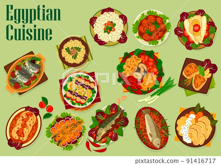 Egyptian cuisine fish dishes with vector vegetables, rice and noodles. Traditional Arabian food, sardine koftas, fish kebabs with tarator sauce and sesame pasta, baked mackerel, swordfish and trout 91416717