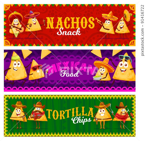 Cartoon Mexican nachos chips characters and personages. Funny nachos and tortilla chips vector mexican food at fiesta party in sombrero with guitar and maracas or guacamole and cowboy guns Cartoon Mexican nachos chips characters and personages. Funny nachos and tortilla chips vector mexican food at fiesta party in sombrero with guitar and maracas or guacamole and cowboy guns 91416722