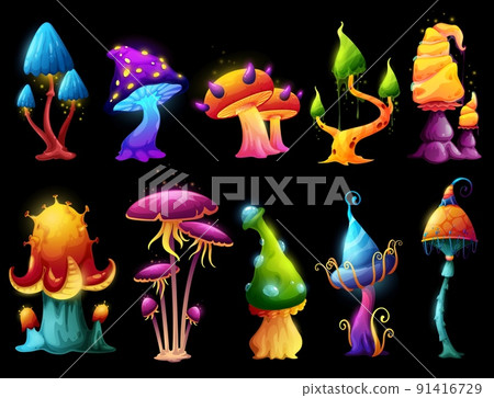 Fairy fantasy cartoon mushrooms with outgrowth and thorns in magic forest. Vector fungi and fluorescent toadstools, fantastic slime with luminous mystical caps and neon light glow sparklers 91416729
