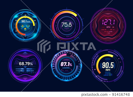 Car speedometer gauges with neon light panel and dials, vector dashboard indicators on tachometer. Speed meter mph gauges in blue purple neon with loading bars, battery, fuel and velocity level scales 91416748