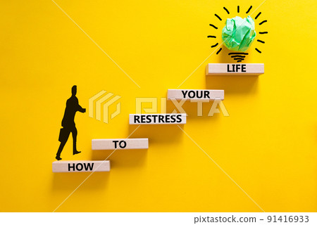 Restress your life symbol. Concept words How to restress your life on wooden blocks. Doctor icon. Beautiful yellow background. Psychological business and restress your life concept. Copy space. Restress your life symbol. Concept words How to restress your life on wooden blocks. Doctor icon. Beautiful yellow background. Psychological business and restress your life concept. Copy space. 91416933