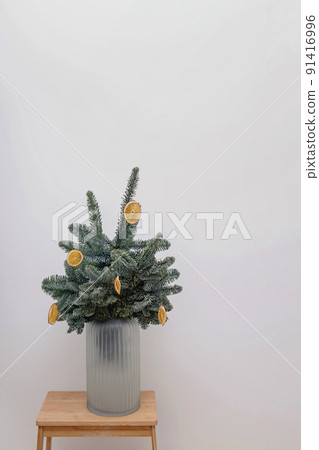 Spruce branches decorated with dry oranges in a vase 91416996