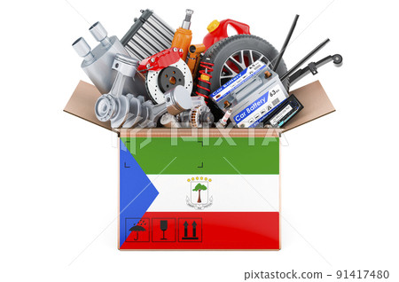 Equatoguinean Guinea flag painted on the parcel with car parts. 3D rendering 91417480