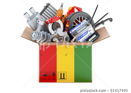 Guinean flag painted on the parcel with car parts. 3D rendering 91417495