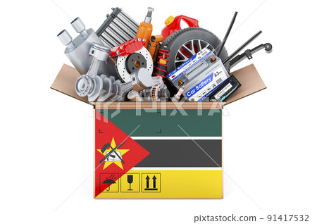 Mozambican flag painted on the parcel with car parts. 3D rendering Mozambican flag painted on the parcel with car parts. 3D rendering 91417532