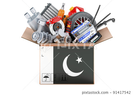 Pakistani flag painted on the parcel with car parts. 3D rendering 91417542