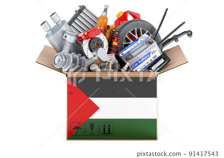 Palestinian flag painted on the parcel with car parts. 3D rendering Palestinian flag painted on the parcel with car parts. 3D rendering 91417543