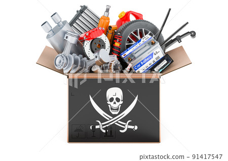 Piracy flag painted on the parcel with car parts. 3D rendering 91417547