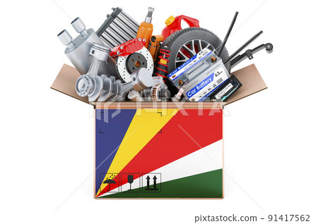Seychelloise flag painted on the parcel with car parts. 3D rendering 91417562