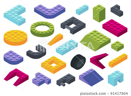 Constructor isometric. Plastic blocks and bricks collection. Children colorful plastic toy. 3D vector illustration 91417804