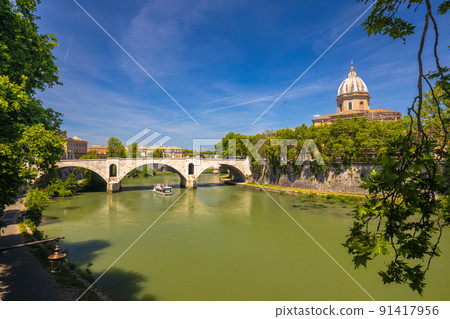 Tiber river with ancient bridge in Rome, Italy, Europe. 91417956